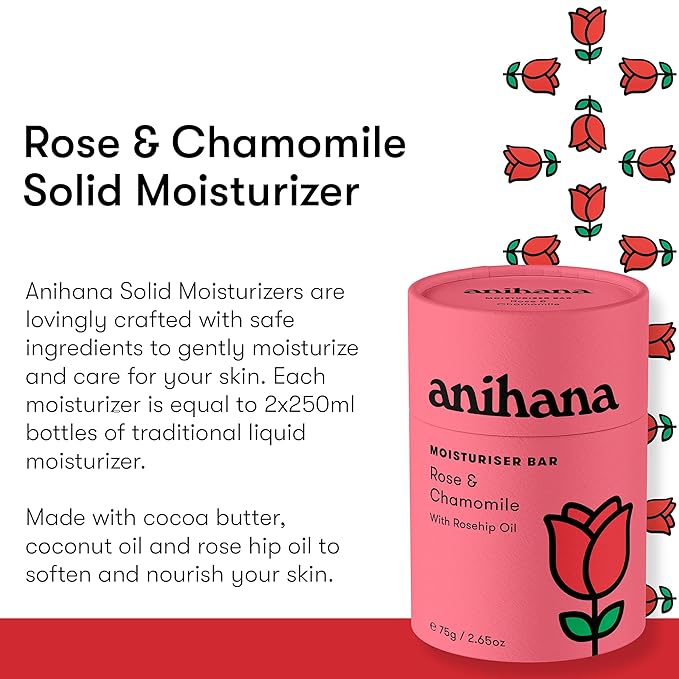 ANIHANA Solid Moisturizer Bar with Coconut Oil Hydrates and Softens Dry Skin Care Paraben Free Cruelty Free Refreshing Rose & Chamomile Scent 2.65 oz