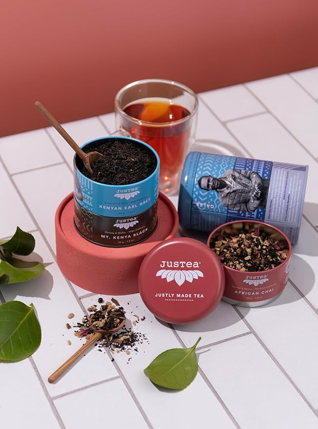 JusTea Black Tea Trio | Stacking Tins Variety Pack with Hand Carved Tea Spoon | Loose Leaf Tea | High Caffeine | Award-Winning | Fair Trade | Non-GMO