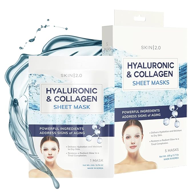 Hyaluronic Acid & Collagen Sheet Mask - Hydrating, Anti-Aging, Skin Firming - Dermatologist Tested Korean Skincare - Clean Beauty, Natural Ingredients, Cruelty-Free, All Skin Types - 5 Masks