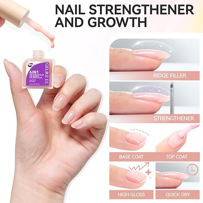 Gelike EC Nail Strengthener for Woman: Nude Blush 6 in 1 Natural Nail Hardener Extra Strong and Growth - Nail Polish Hardener for Weak and Damaged Nails