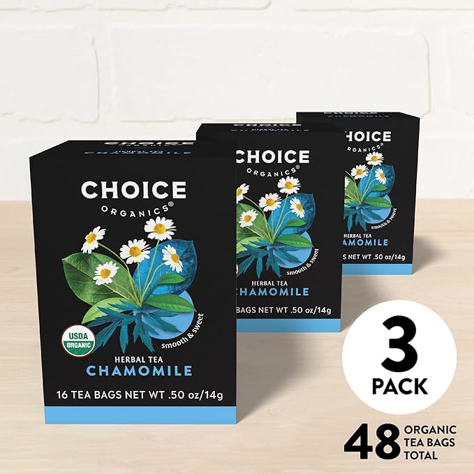 Choice Organic Teas Chamomile Tea - Compostable - Caffeine Free - 48 Organic Herbal Tea Bags (Pack of 3)