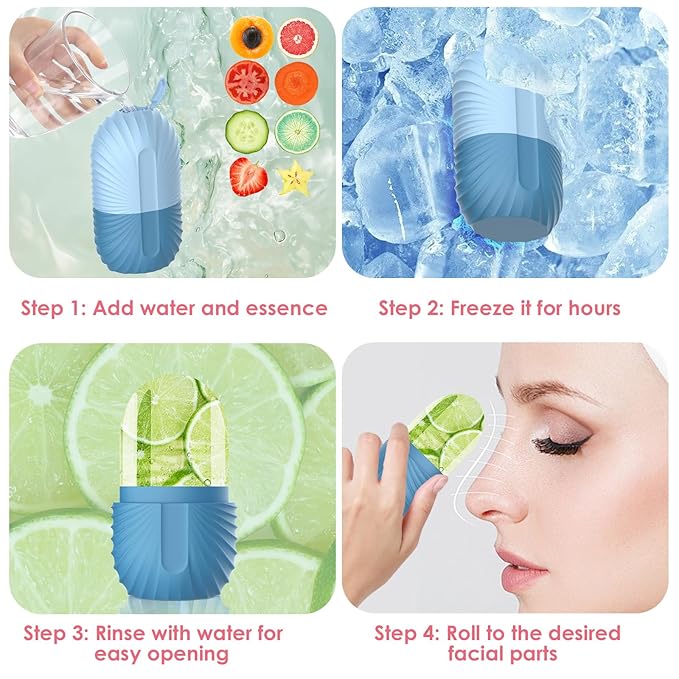 Ice Face Roller, Silicone Facial Ice Roller, Reusable Skin Care Massager Tools for Relieve Puffiness, Tighten Skin, Shrink Pores Shell Blue