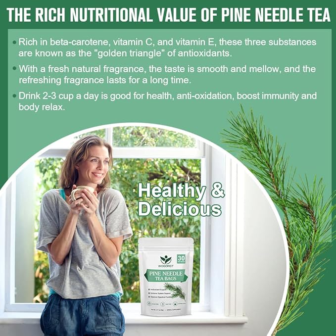 Organic Dried Pine Needle Tea Bags - Pine Needle Herbal Tea for Immune Support & Antioxidant, Caffeine Free, Natural Suramin, 30 Tea bags