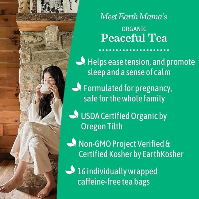 Earth Mama Organic Peaceful™ Tea | Stress Less! Calming, Relaxing Herbal Blend Safe for Pregnancy & Beyond, 16 Teabags Per Box (2-Pack)