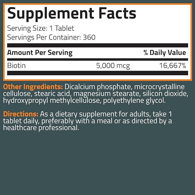 Bronson Biotin 5,000 MCG Supports Healthy Hair, Skin & Nails & Energy Production - High Potency Beauty Support - Non-GMO, 360 Vegetarian Tablets