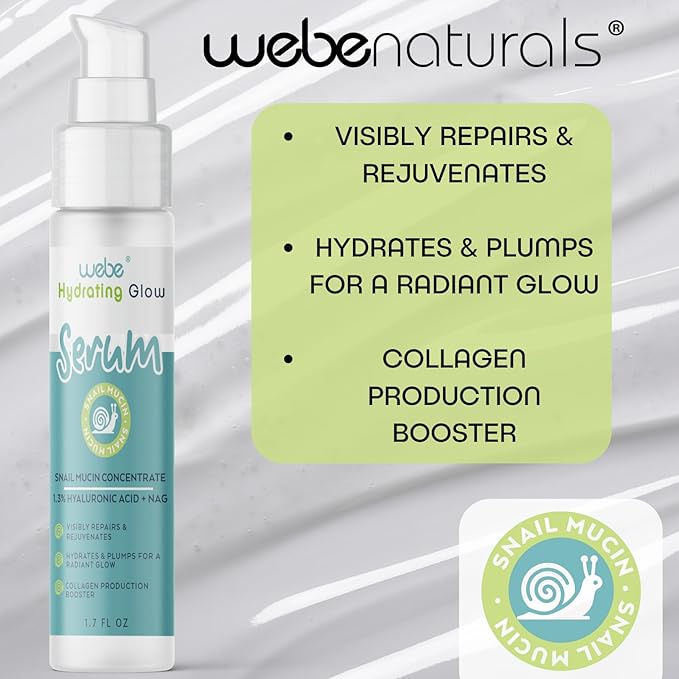 WEBE Snail Mucin 94% Hydrating Glow Serum | 1.3% Hyaluronic Acid & N-Acetyl Glucosamine | Collagen Boosting, Anti Aging, Intense Repairing & Moisturizing Serum for Radiant, Plump Skin