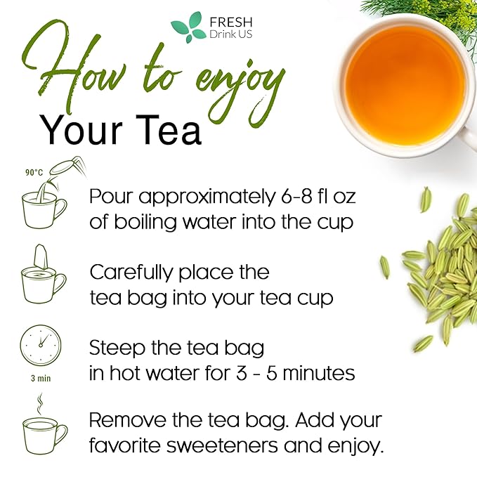 FreshDrinkUS, Premium 75 Fennel Tea Bags, 100% Natural & Pure from Fennel Seeds. Fennel Seed Herbal Tea. Fennel Seed Tea. Made with Natural Material Tea Bags. No Sugar, No Caffeine, No Gluten, Vegan.