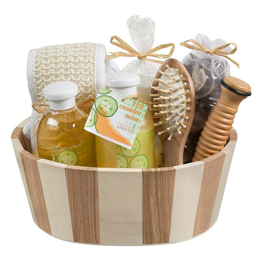 Wooden Massage & Reflexology Kit for Women at-Home Spa Kit for All-Over Body Relaxation & Rejuvenation with Fresh Cucumber Melon Aromatherapy Bath & Body Set Mother’s Day Gift for Mom