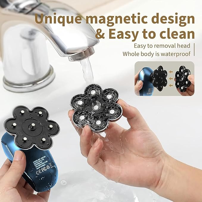 Detachable Head Shavers, SHPAVVER 5 in 1 Electric Razor IPX7 Waterproof for Bald Men, Wet Dry LED Display Rechargeable 7D Rotary Shaver Grooming Kit with Type C Charge A，Bright Blue