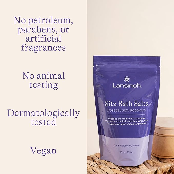 Lansinoh Sitz Bath Salts, Postpartum Essentials, and Hemorrhoid Treatment, Epsom Salt Bath Soak With Lavender Oil, Frankincense and Aloe Vera, 10 Ounce