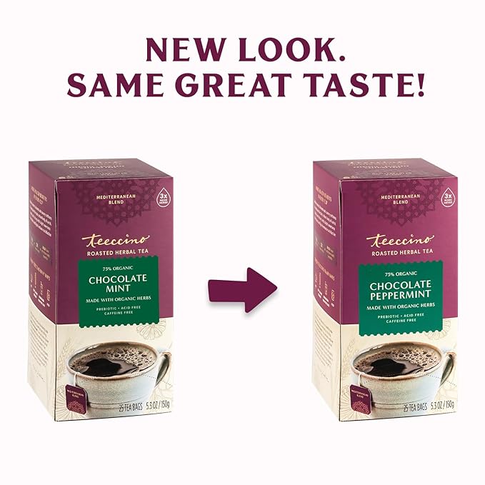 Teeccino Chocolate Peppermint Herbal Tea - Enjoy Hot or Iced Tea with Cooling Peppermint, Cocoa & Chicory, Prebiotic, Caffeine Free, Acid Free, 25 Tea Bags