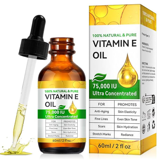 Vitamin E Oil, Cold Pressed Ultra Pure 75,000 IU Vitamin E Oil for Skin, Face and Scars, Deeply Nourish Enhancing Dry Skin Moisturizing, Reduce Fine Lines & Scars, Firmness & Elasticity 2Fl Oz