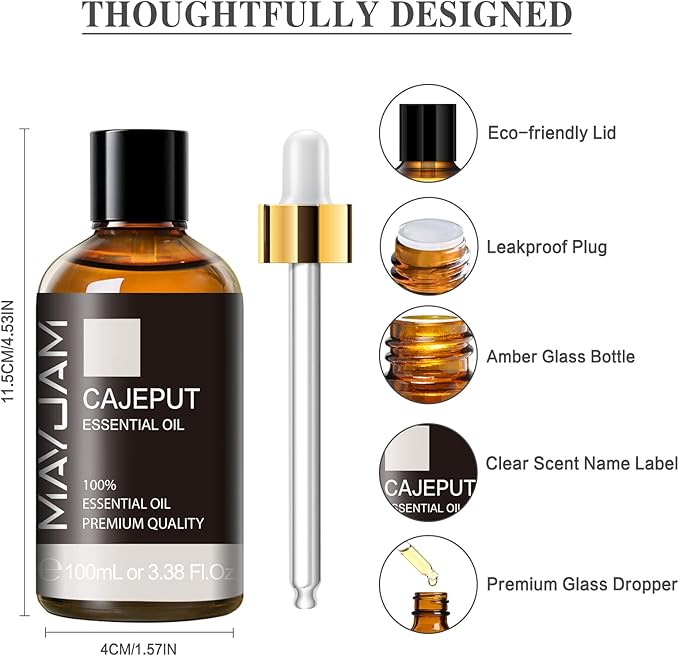 Cajeput Essential Oil, 3.38FL.OZ Pure Essential Oils with Glass Dropper, Large Volume Cajeput Oil, Perfect for Massage, DIY Candle and Soap Making（100ML)