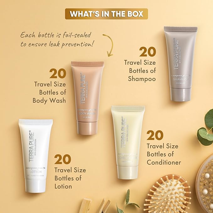 Terra Pure Spa Collection Bulk Set Toiletries | 1-Shoppe Amenities Kit for Hotels & Vacation Rentals | 0.85 oz Shampoo, Conditioner, Body Wash & Lotion | 80 Pieces