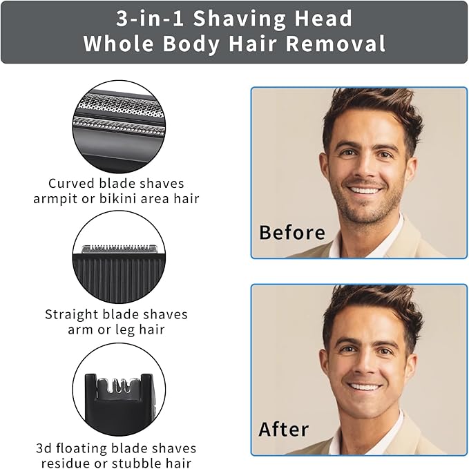 Electric Shaver for Men & Women, 2025 Wet Dry Cordless Razor with LED Display, Rechargeable Hair Remover with 4 Grooming Heads for Face, Body, Bikini, Nose, Legs and Eyebrows (Black)