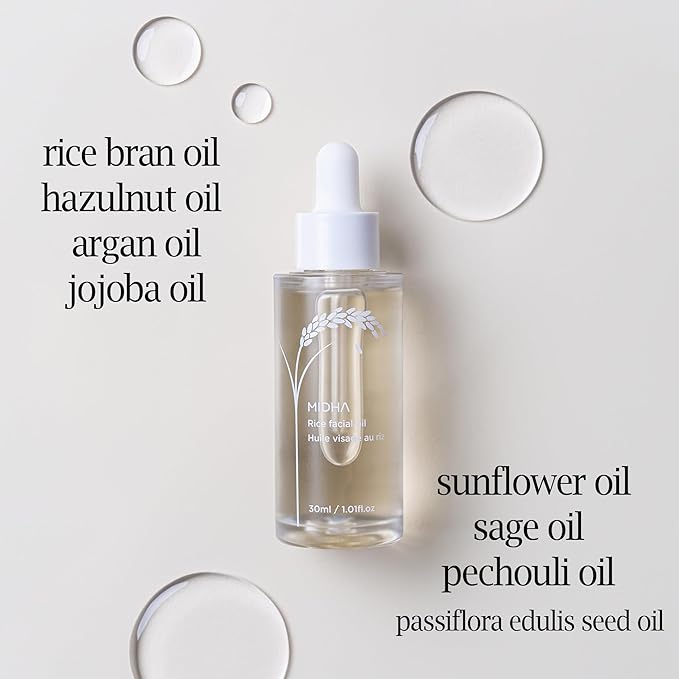 MIDHA Rice Facial Oil 30ml for skin moisturizing, deep, intense and immediate hydration and quick absorption with non greasy light oil like as rice bran oil