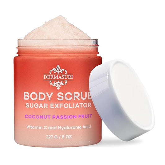 Dermasuri Exfoliating Sugar Scrub - Body Scrubber for Men & Women - Exfoliates & Removes Dead & Dry Skin for a Soft & Radiant Glow - Deep Hydration & Moisture - Coconut Passion Fruit