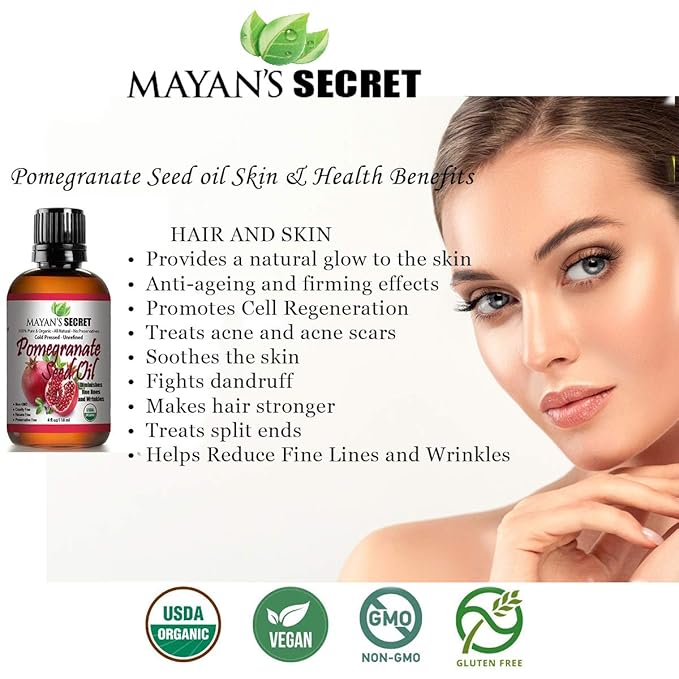 Mayan's Secret USDA Certified Organic Pomegranate Seed Oil for Skin Repair -Large 4oz Glass Bottle Cold Pressed and Pure Rejuvenating Oil for Skin, Hair and Nails