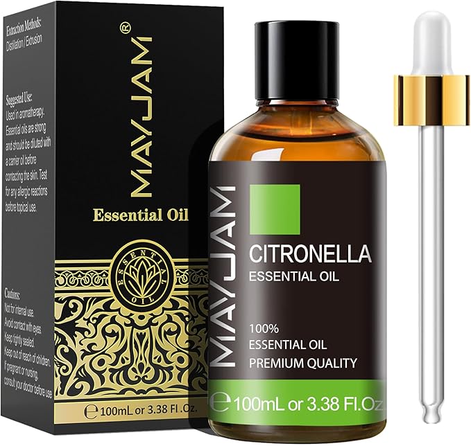 Citronella Essential Oil, 3.38FL.OZ Pure Essential Oils with Glass Dropper, Large Volume Citronella Oil, Perfect for Massage, DIY Candle and Soap Making (100ML)
