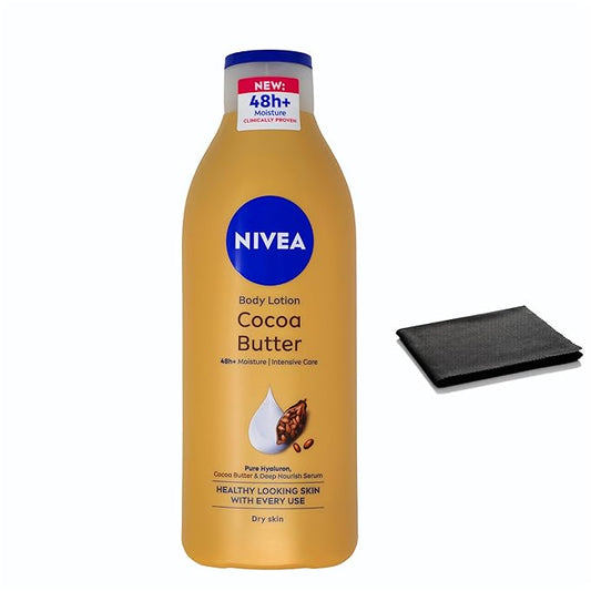 NIVEA Cocoa Butter Body Lotion, 48H Deep Moisture Care with Natural Cocoa Butter, Intensely Hydrates Dry Skin, Softens and Smoothens, 400ml Bottle, Includes Cleaning Cloth