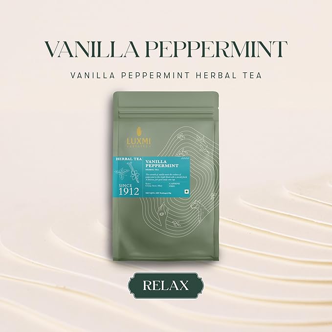 Luxmi Estates - Vanilla Peppermint Organic Tea, Natural Vanilla Extract and Pepperment - 50 Tea Bags, Perppermint Aids Digestion, Ideal After a Meal