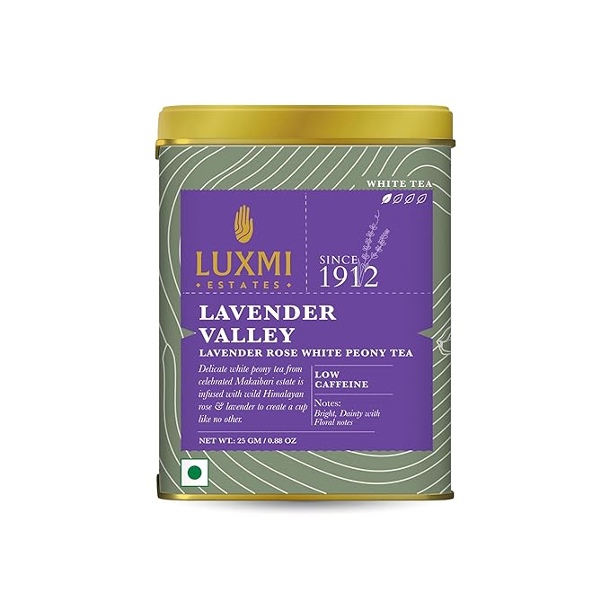 Luxmi Estates - Lavender Valley - Organic Lavender Tea - Loose Leaf - 25g (12 Cups) | With Certified Organic Darjeeling Makaibari White Tea | Light & Fresh Delicate Flavor, Low Caffeine