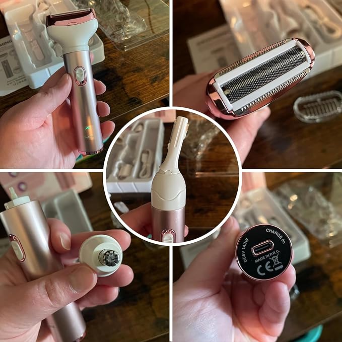 Electric Razor for Women, Hair Trimmer for Bikini Legs Womens Shaving Eyebrow Lips Body Face Beard Mustache Nose Arm Armpit Facial Hair Removal for Women's Shaver 4 in 1 Kit, Type-C Charging Port