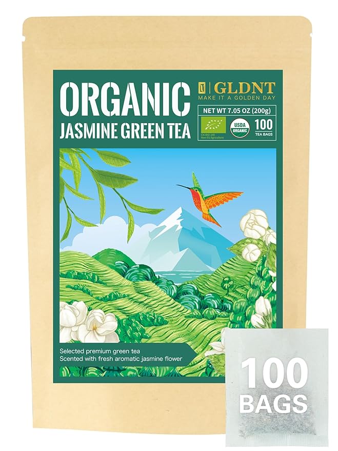 GLDNT Organic Jasmine Green Tea Bags, Organic Green Tea Scented with Jasmine Flowers, Floral Aroma & Smooth Taste, 100 Count
