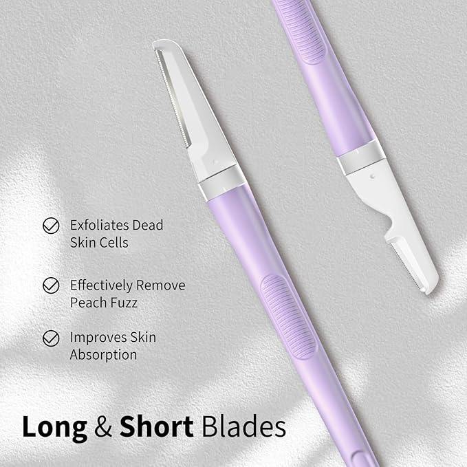 Face Razors for Women, Dermaplane Razor for Women Face, Eyebrow Razor, Facial Razors, Dermaplaning Tool, Reusable Metal Handle with 4 Microblades for Sensitive Skin, Peach Fuzz Remover, Purple