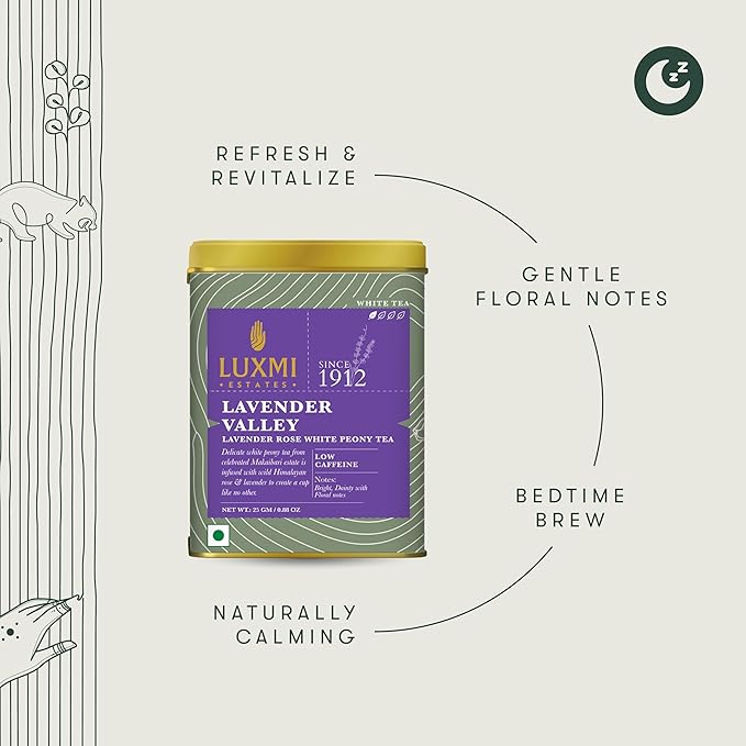 Luxmi Estates - Lavender Valley - Organic Lavender Tea - Loose Leaf - 25g (12 Cups) | With Certified Organic Darjeeling Makaibari White Tea | Light & Fresh Delicate Flavor, Low Caffeine
