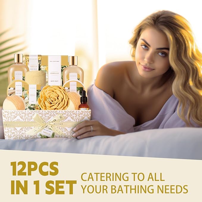 Spa Gift Baskets for Women, Spa Luxetique Spa Gifts for Women, Birthday Gifts for Women, 12pc Vanilla Bath Gift Set, Self Care Gifts for Women, Spa Kit for Women