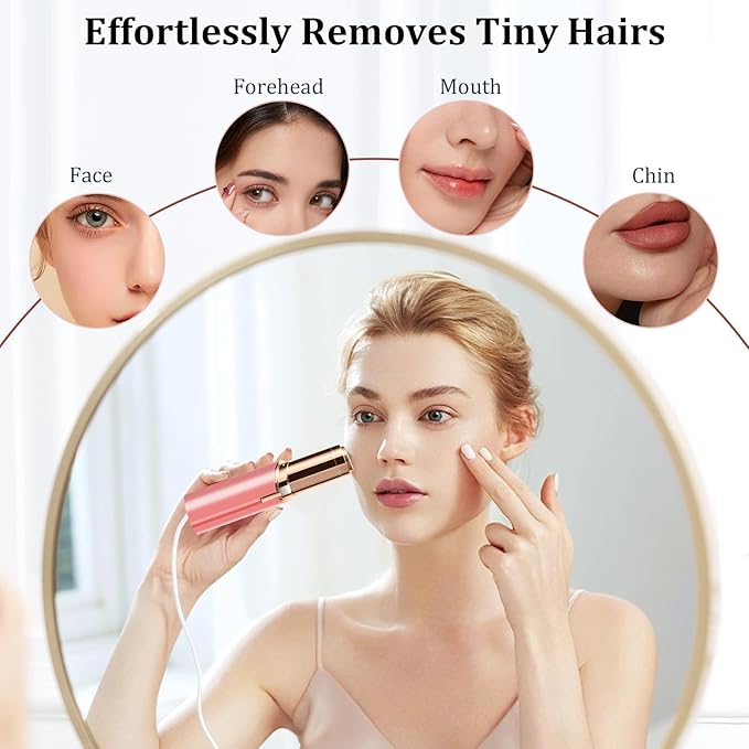 Facial Hair Removal for Women, Portable Painless Hair Remover Device, Rechargeable, with 2 Replacement Heads, for Face, Upper Lip and Chin (Rose god)