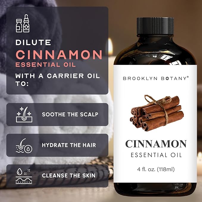 Brooklyn Botany Cinnamon Essential Oil - Huge 4 Fl Oz - 100% Pure and Natural - Premium Grade with Dropper - for Aromatherapy and Diffuser