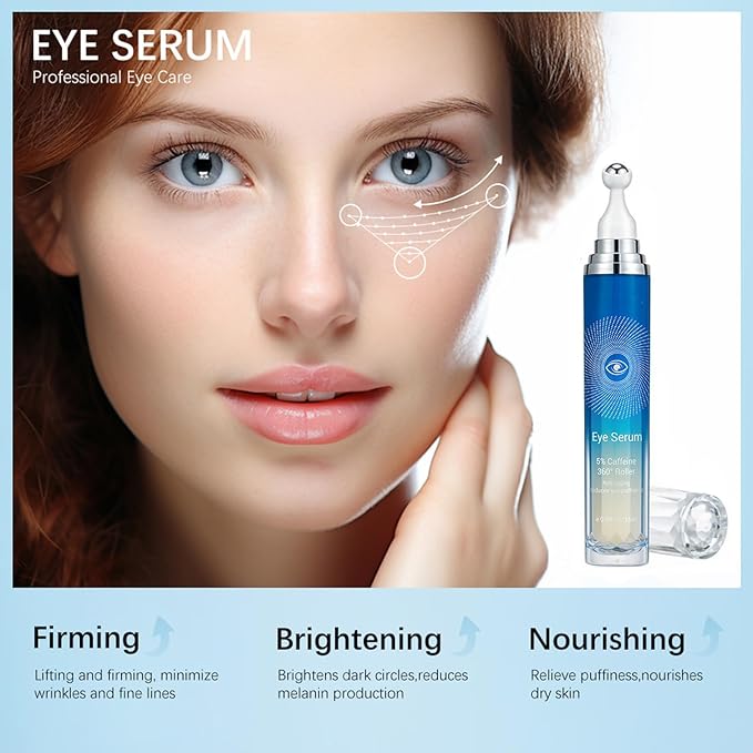 5% Caffeine Eye Serum, Anti-Aging Under Eye Roller Cream for Dark Circles Puffiness Wrinkles and Fine Lines, Korean Eye Care Cream with 360°Massage Ball, Eye Bags Treatment for Men and Women