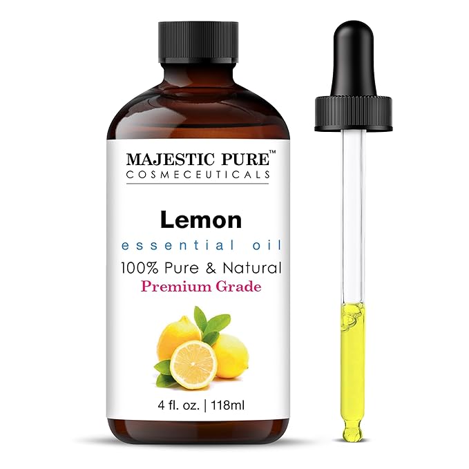 Majestic Pure Lemon Essential Oil with Glass Dropper | 100% Pure and Natural Lemon Oil | Premium Grade Essential Oils for Diffusers, Skin, Aromatherapy, Massage | 4 Fl Oz
