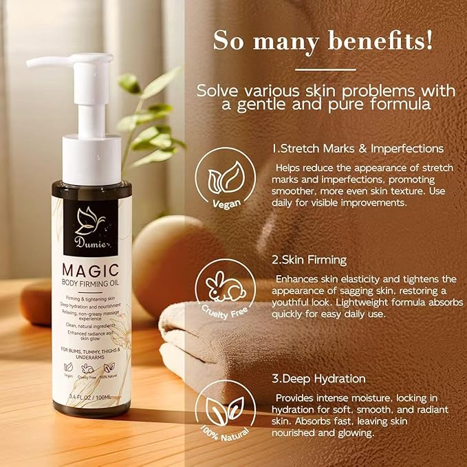 Magic Body Firming Oil, 3.38 FL OZ, Korean Skin Care Post-Shower Body Oil for Women – Natural, with Jojoba Oil to Tighten, Hydrate & Nourish Dry Skin, Lightweight & Non-Greasy for Full Body Use