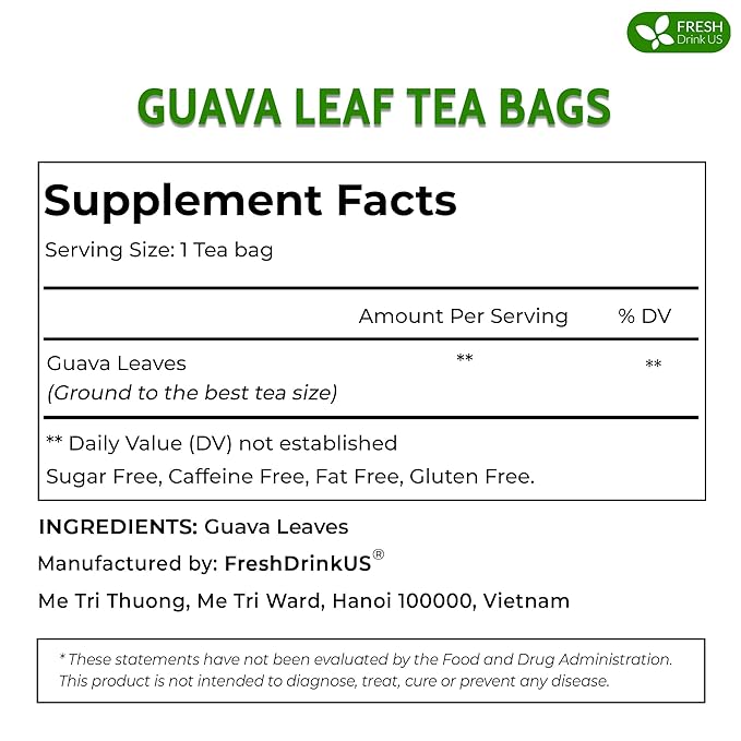 FreshDrinkUS Premium Guava Tea Bags - 15 Count, 100% Natural & Pure Herbal Tea from Guava Leaves. No Sugar, Caffeine, or Gluten. Vegan.