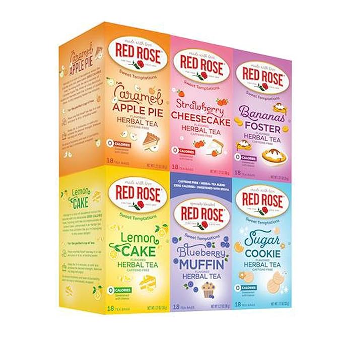 Red Rose Sweet Temptations Dessert Tea Variety Pack with Tea Chest, Zero Sugar, Zero Calories Caffeine-Free Flavored Herbal Tea 6 Pack (108 tea bags) Delicious Beverage Gift Set Naturally Flavored
