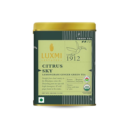 Luxmi Estates Citrus Sky Green Tea 100gm Tin | Certified Organic Darjeeling Green Tea