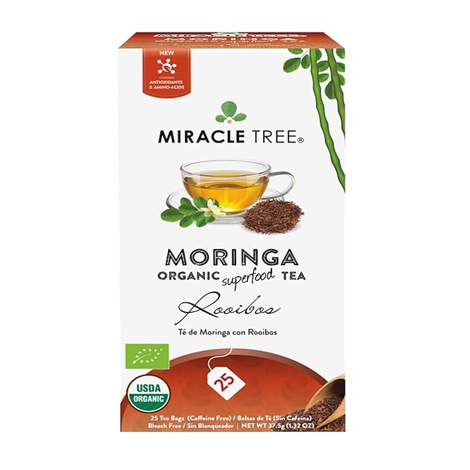Miracle Tree - Organic Moringa Superfood Tea, 25 Individually Sealed Tea Bags, Rooibos (Keto, Detox, Energy & Immunity Booster, Vegan, Gluten-Free, Organic, Non-GMO, Caffeine-Free)