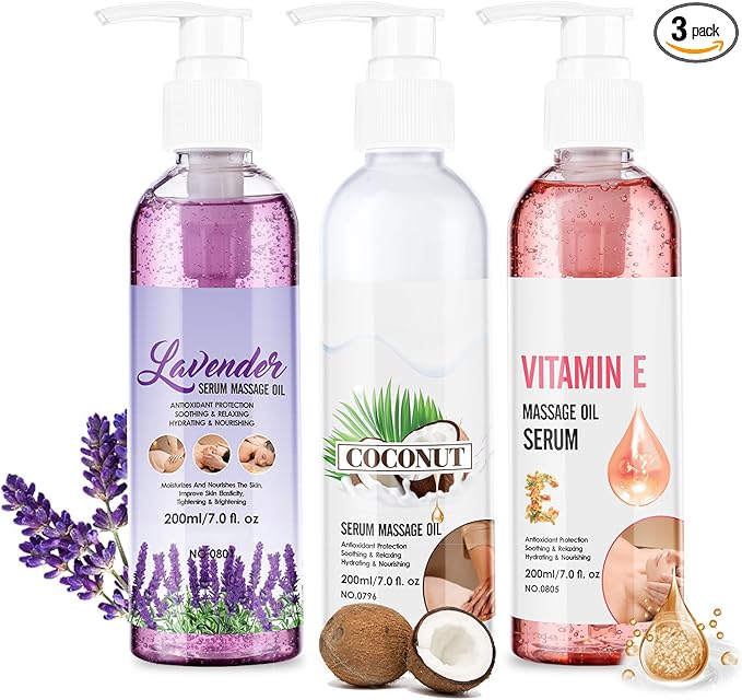 Body Massage Oil Serum, Lavender, Coconut & Vitamin E, Non-Greasy, Moisturising, 7 fl.oz x 3