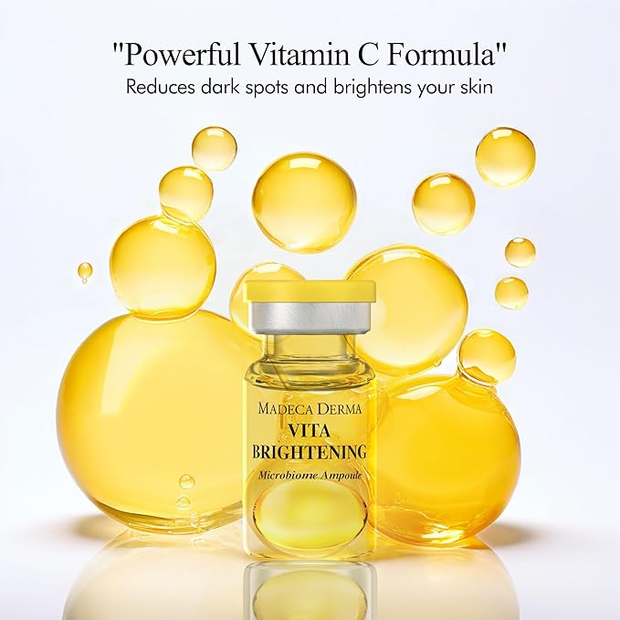 MADECA DERMA Vita Brightening Microbiome Ampoule – Brightening with Vitamins C & E, Hyaluronic Acid & Antioxidants, Korean Skincare for Radiant, Even Tone & Dark Spot Care (0.23 fl oz x 5 Bottles)