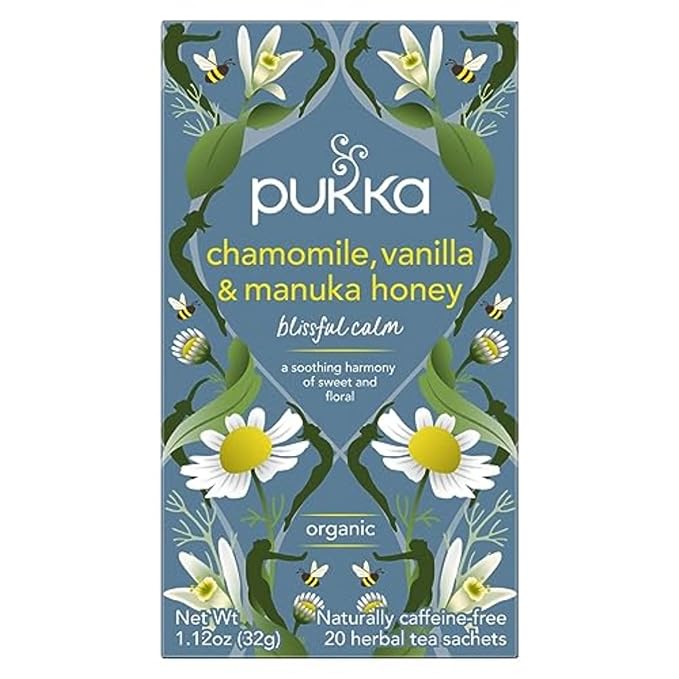 Pukka Calming Chamomile, Vanilla & Manuka Honey Organic Herbal Tea, Soothing Organic Tea Infusion Selection, Honey & Fennel Blend, Caffeine Free, 80 Total Bags (20ct - Pack of 4)