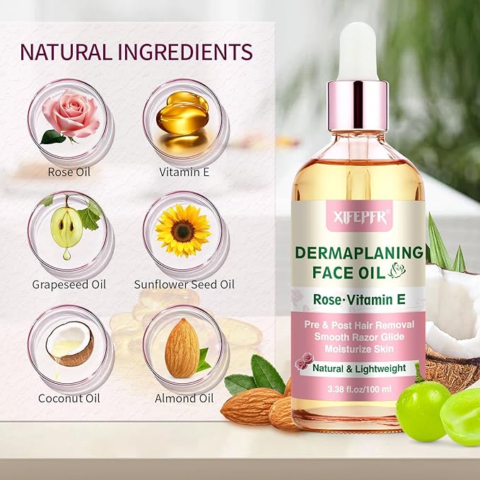 Dermaplaning Kit, Rose & Vitamin E Oil, Shave Oil with Dermaplaning Tools for Women, Facial Razor, Eyebrow Razor, Softens Area Pre Shave & After Shave