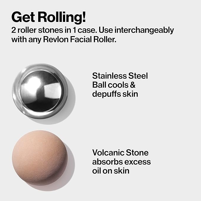 Revlon Oil Absorbing & Cooling Facial Roller Refill Pack with Volcanic & Stainless Steel Stones in Storage Case, Eco-Friendly, Easy to Clean, 1 count