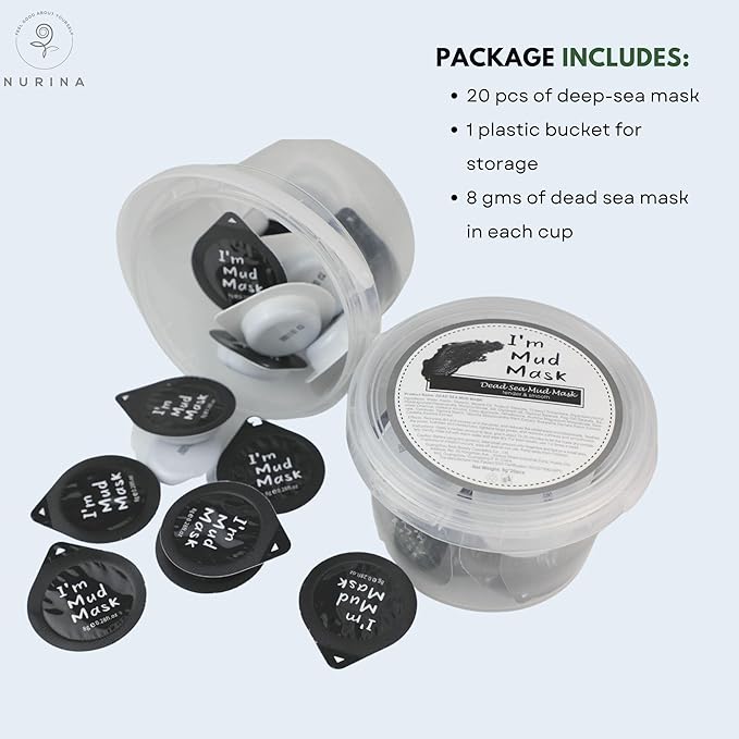 NURINA Dead Sea Clay Masks - Deep Sea Mineral Pore Cleanser & Blackhead Remover Individual Use Face Masks Dirt Oil Eliminating Single Use Cup Mud Mask – 20pcs/Bucket (DEAD SEA MUD MASK)