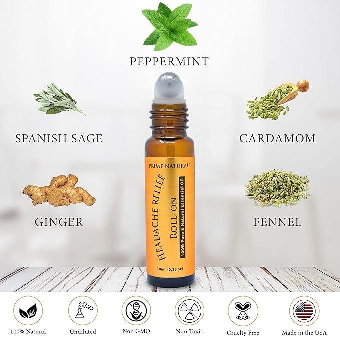 PRIME NATURAL Headache Relief Essential Oil Roll On 10ml, Pre-Diluted, Ready to Use Roller for Migraine, Tension, Calming, Soothing, Grounding, Sore Muscles, Sprain & Sleep
