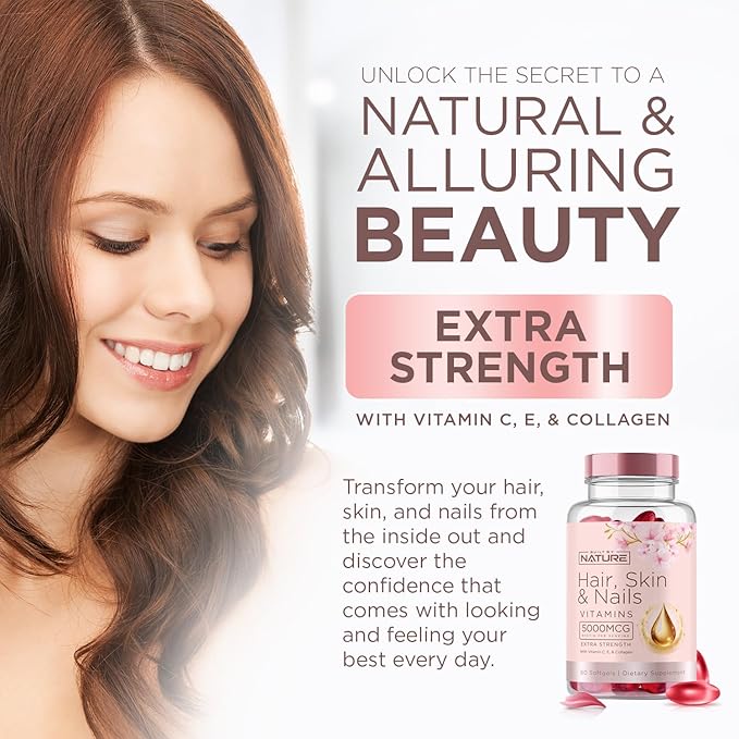 Hair Skin and Nails Vitamins – 5000mcg Biotin with Vitamin C, E, Collagen, Hyaluronic Acid, Argan & Coconut Oil – Luscious Hair Growth & Radiant Skin Supplement for Women – 60 Softgels