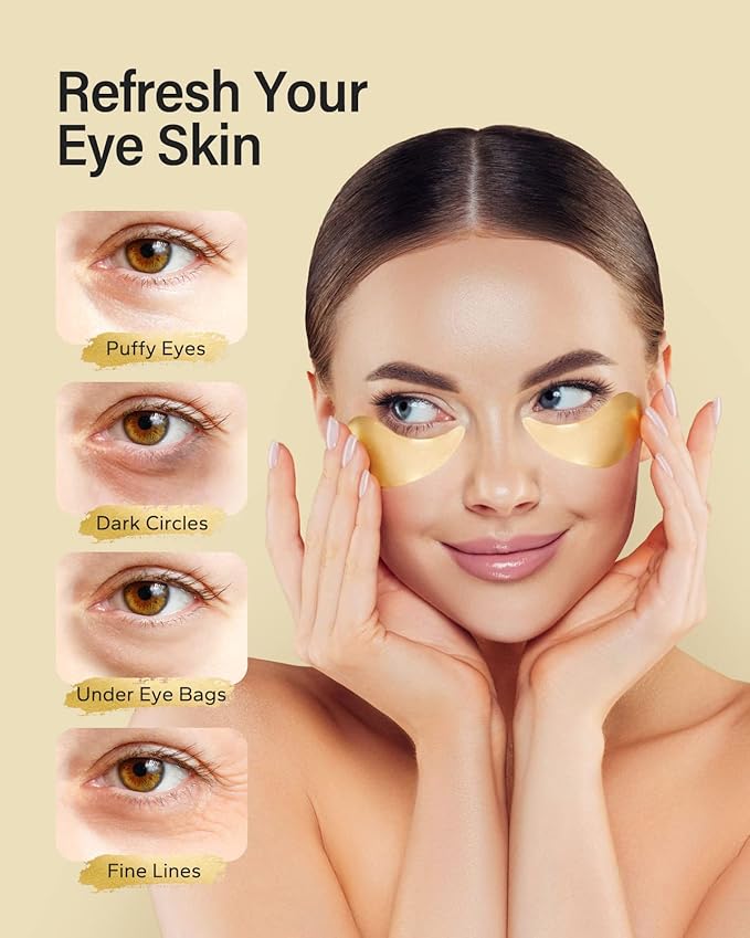 Komoko 30-Pairs 24K Gold Under Eye Patches, Skin Care, Golden Under Eye Mask Anti-Aging Collagen & Amino Acid, Eye Mask for Removing Dark Circles, Puffiness and Wrinkles, Refresh Your Under Eye Skin