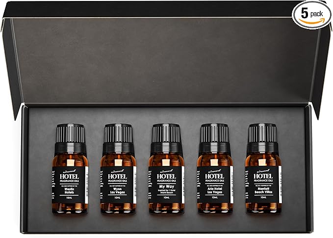 AirScent Hotel Diffuser Oil Gift Set - Inspired by The Most Popular 5-Star Hotel Scents - 10 mL, 0.34 fl oz Fragrance Oil Set - My Way, Westin, Wynn Las Vegas, Aria, Marriott Beach Villas